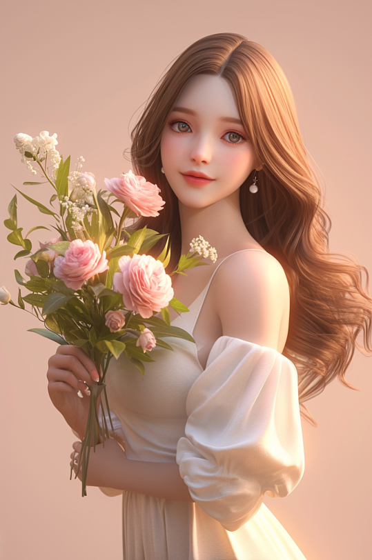 AI数字艺术春季捧花女孩医美人物模型三八妇女节插画-众图网