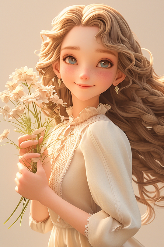 AI数字艺术三八妇女节插画春季捧花女孩人物模型-众图网