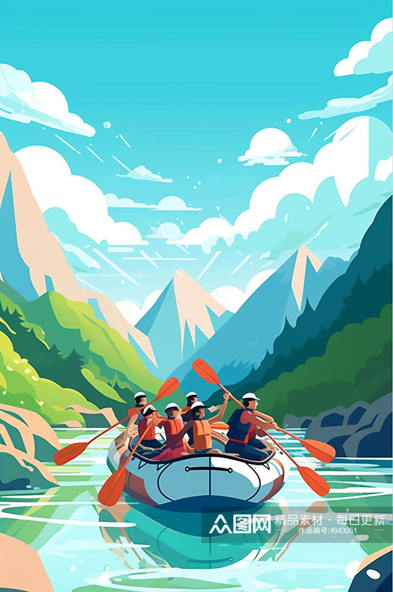 AI数字艺术手绘漂流划船水上活动旅游插画素材