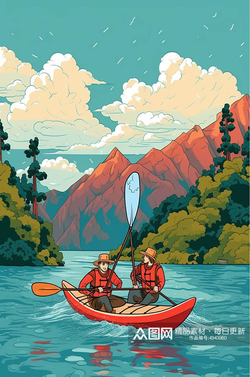 AI数字艺术手绘漂流划船水上活动旅游插画素材
