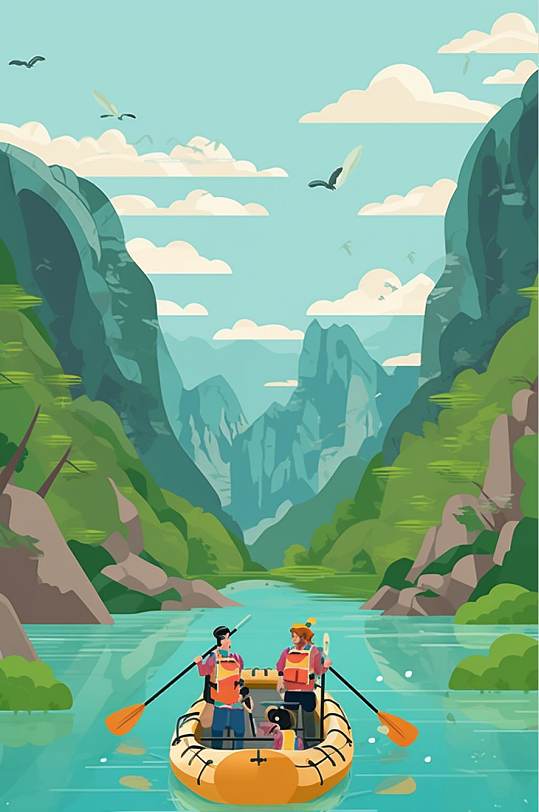AI数字艺术卡通漂流划船水上活动旅游插画