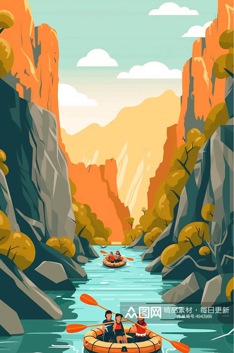 AI数字艺术卡通漂流划船水上活动旅游插画素材