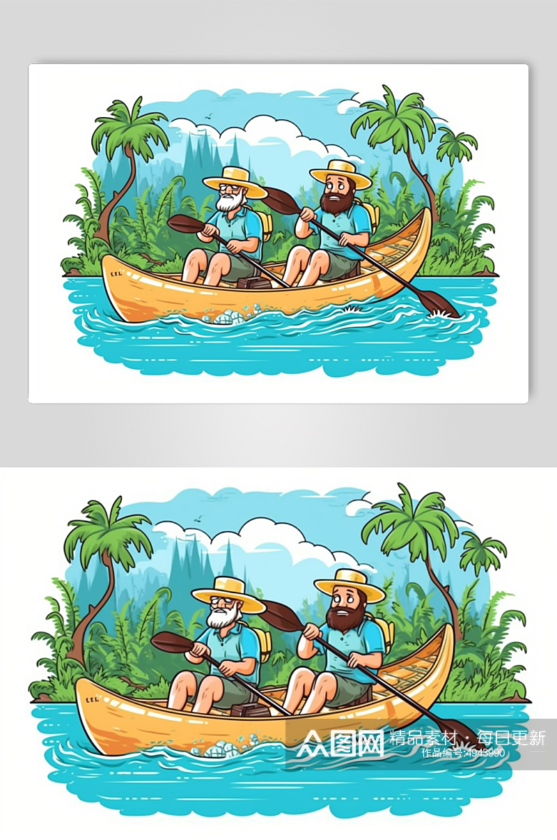 AI数字艺术卡通漂流划船水上活动旅游插画素材