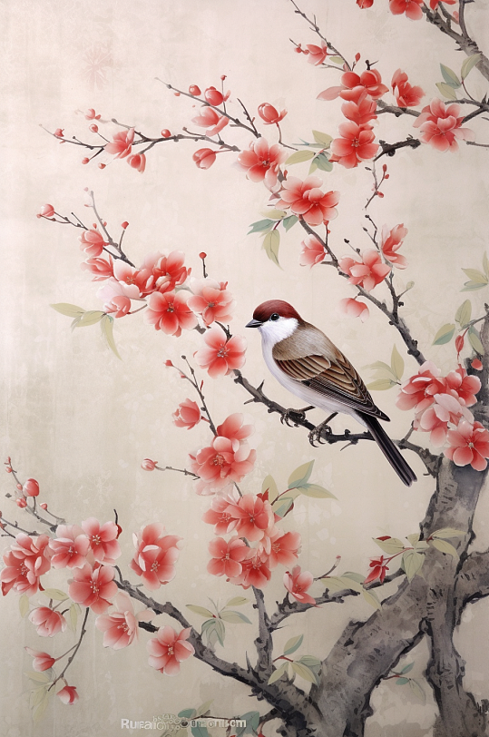 AI数字艺术手绘小鸟中国风屋檐墙壁插画