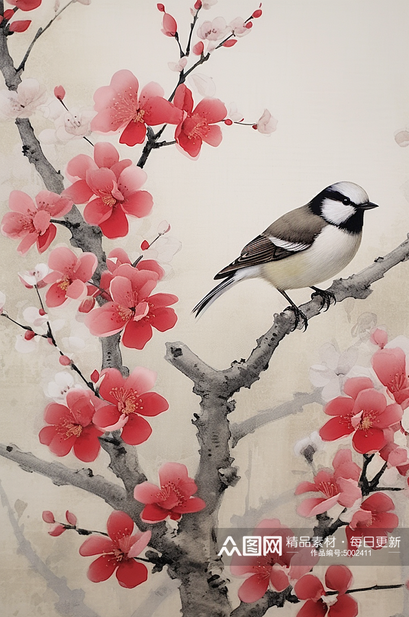 AI数字艺术手绘小鸟中国风屋檐墙壁插画素材
