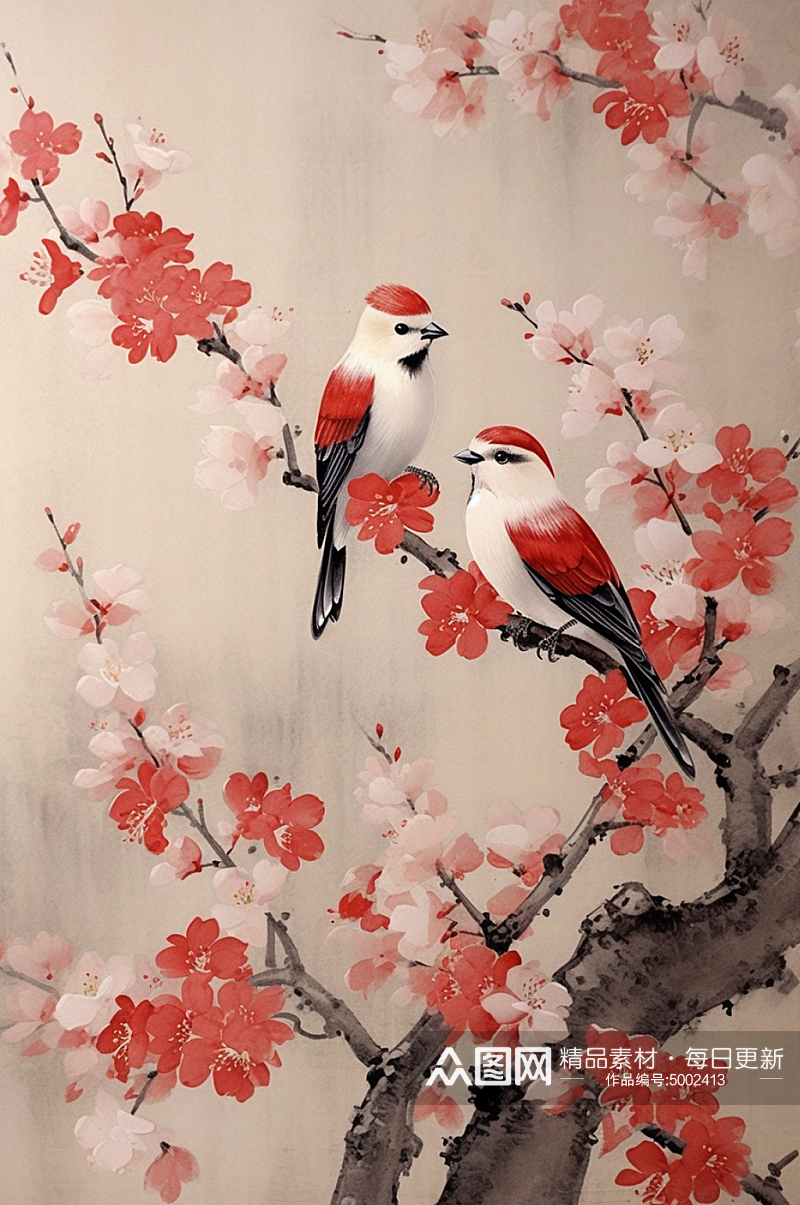 AI数字艺术手绘小鸟中国风屋檐墙壁插画素材
