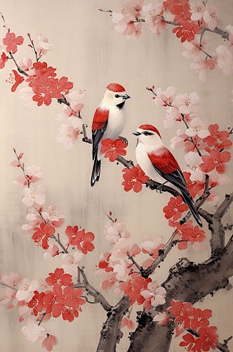 AI数字艺术手绘小鸟中国风屋檐墙壁插画