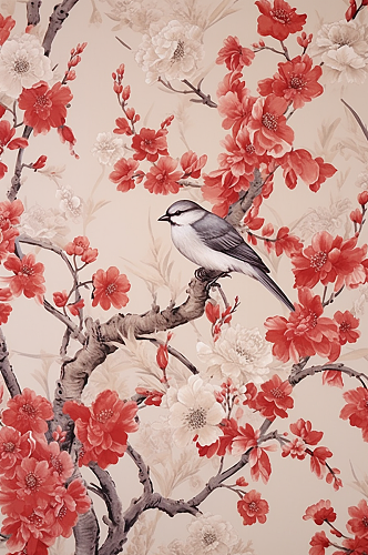 AI数字艺术原创小鸟中国风屋檐墙壁插画