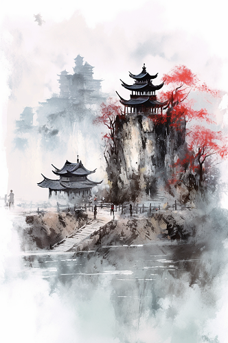 AI数字艺术手绘山水中国风屋檐墙壁插画