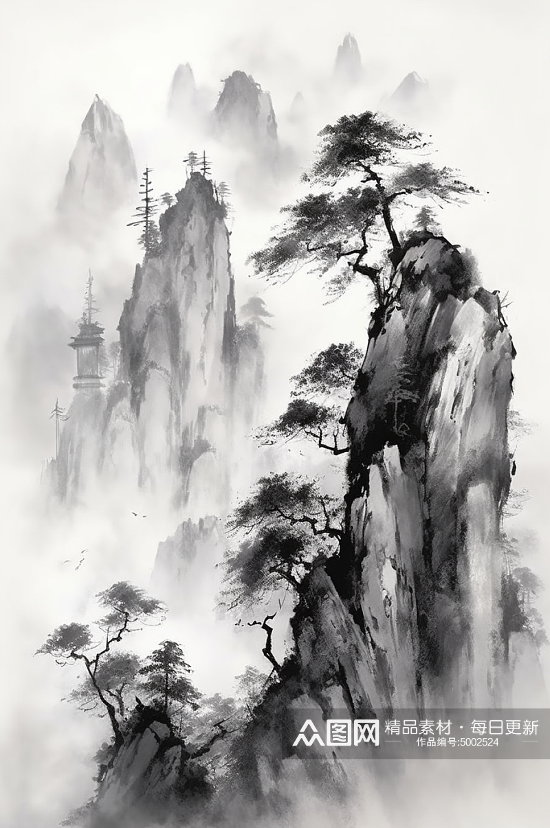 AI数字艺术手绘山水中国风屋檐墙壁插画素材