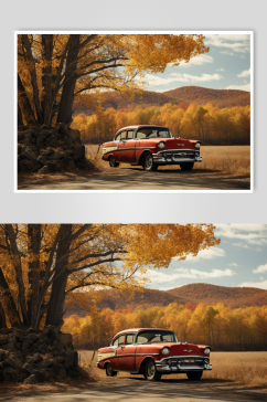 AI数字艺术创意秋季氛围汽车摄影图片