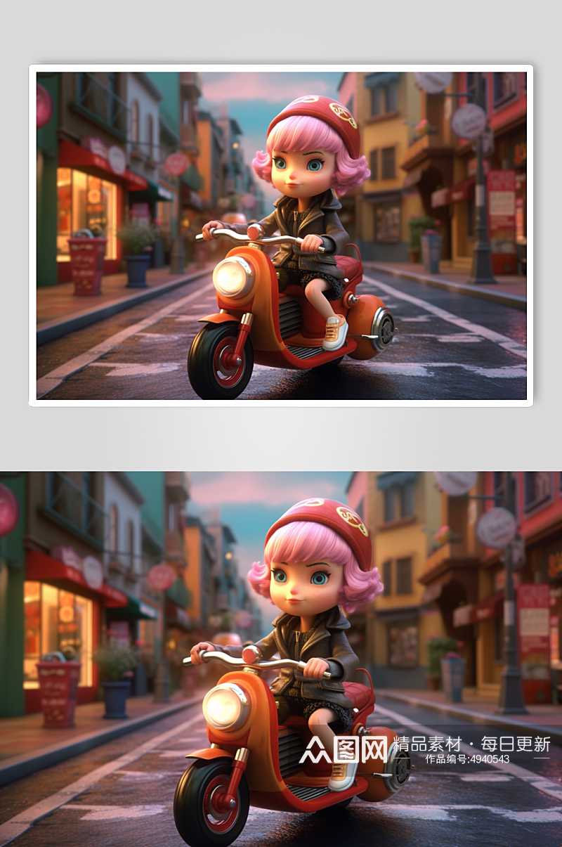 AI数字艺术卡通高清骑摩托的女孩人物模型素材