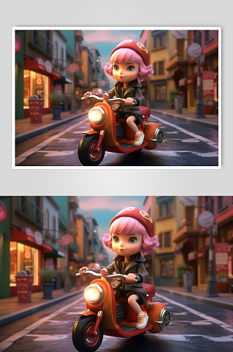 AI数字艺术卡通高清骑摩托的女孩人物模型