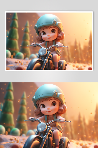 AI数字艺术卡通高清骑摩托的女孩人物模型