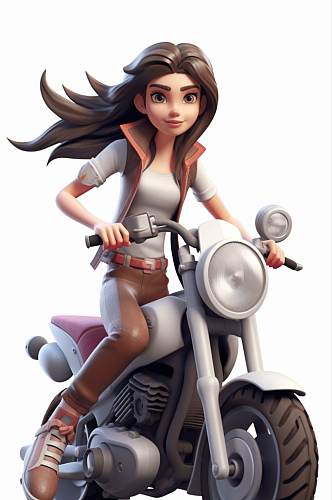 AI数字艺术创意手绘骑摩托的女孩人物模型