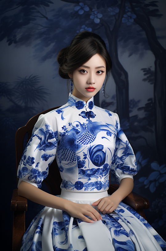 AI数字艺术中国风青花瓷肖像人物摄影图