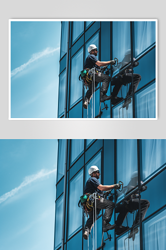 AI数字艺术高楼大厦外的清洁工人摄影图片