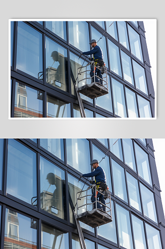 AI数字艺术高楼大厦外的清洁工人摄影图片