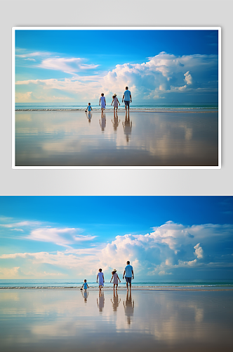 AI数字艺术亲子一家人海边背影摄影图