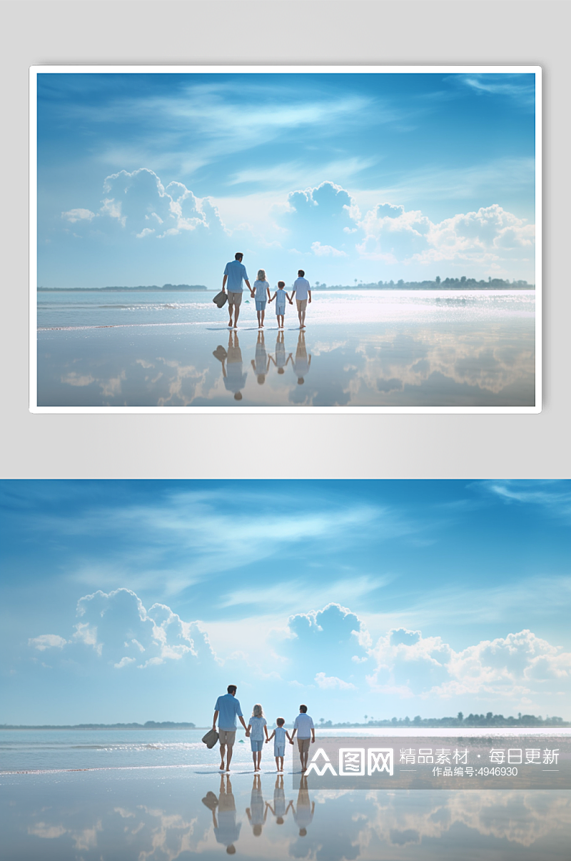 AI数字艺术亲子一家人海边背影摄影图素材