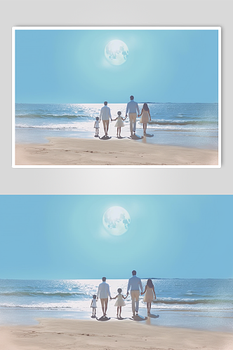 AI数字艺术亲子一家人海边背影摄影图