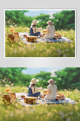 AI数字艺术亲子一家人野餐背影摄影图