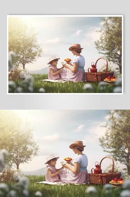 AI数字艺术亲子一家人野餐背影摄影图
