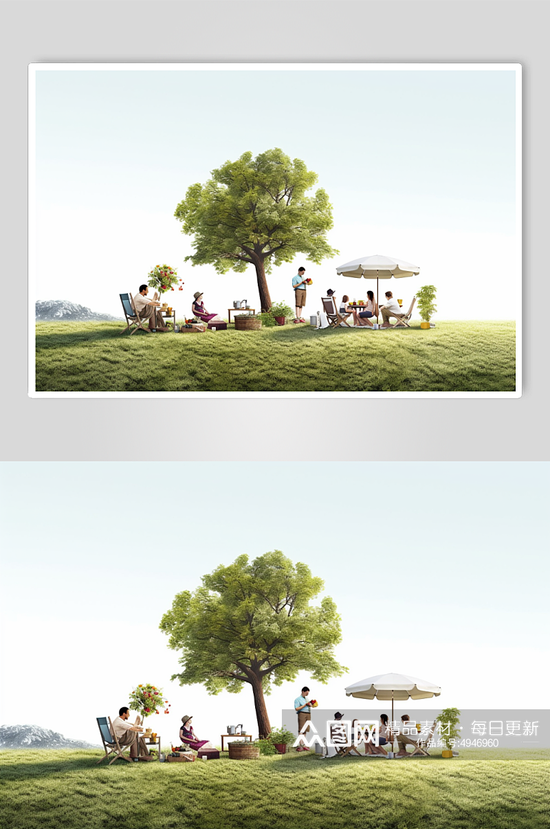 AI数字艺术亲子一家人野餐背影摄影图素材