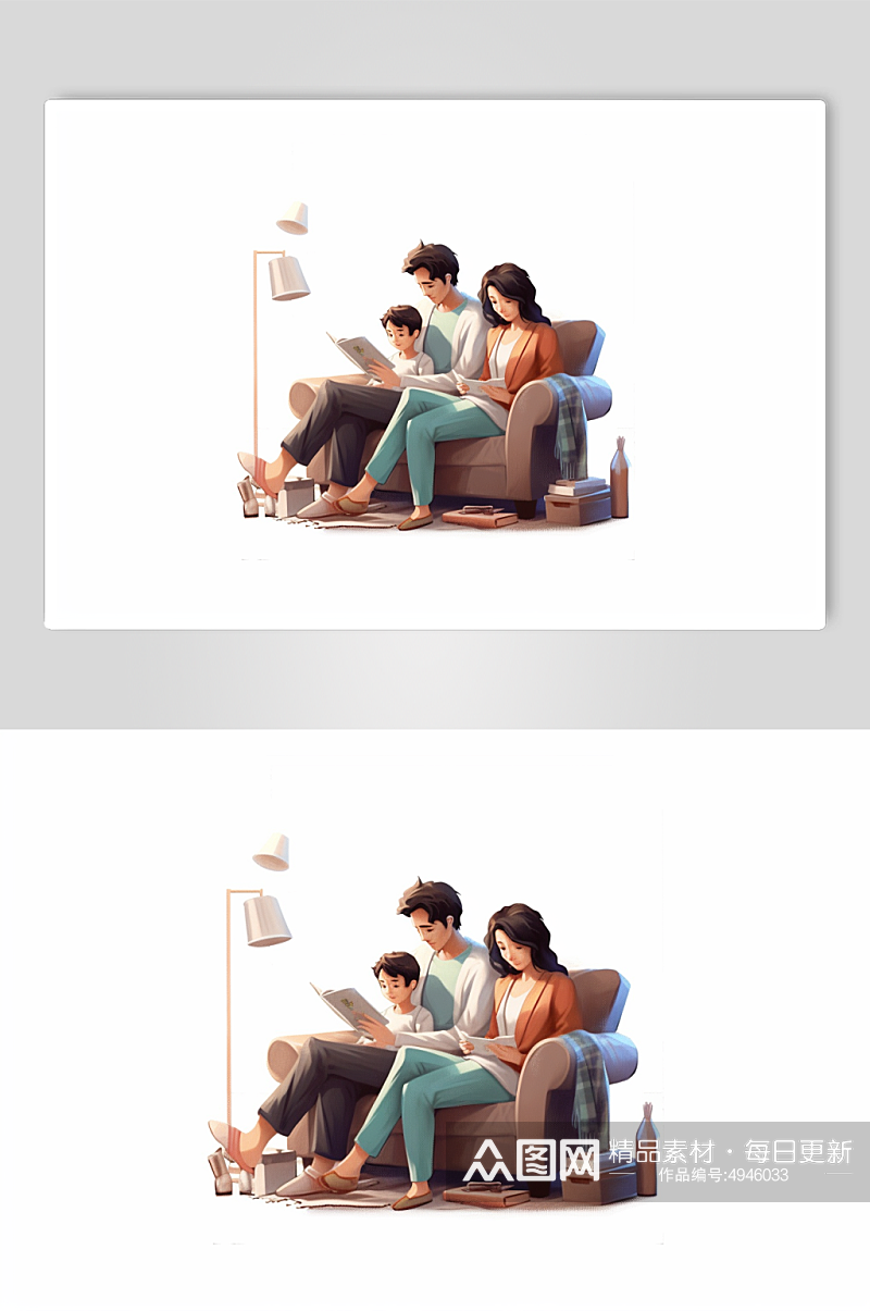 AI数字艺术高清家庭亲子一家人看书阅读模型素材