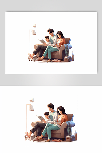 AI数字艺术高清家庭亲子一家人看书阅读模型
