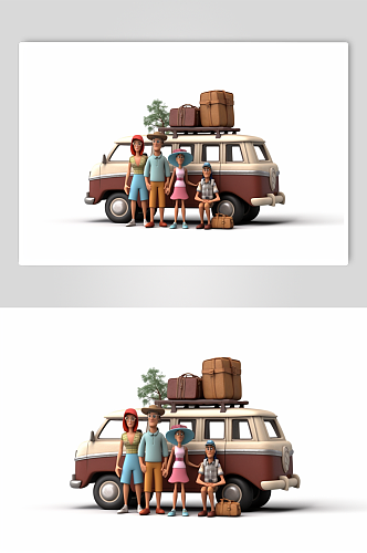 AI数字艺术手绘家庭亲子一家人旅游模型