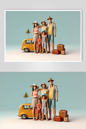 AI数字艺术手绘家庭亲子一家人旅游模型