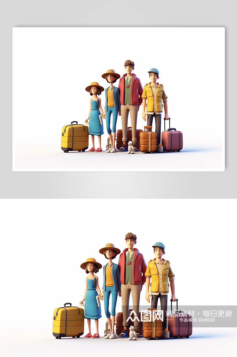 AI数字艺术手绘家庭亲子一家人旅游模型素材
