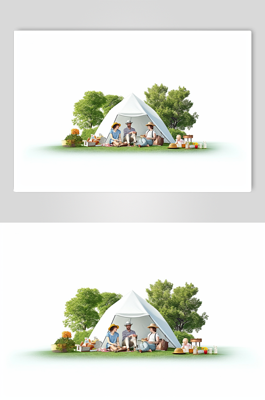 AI数字艺术手绘家庭亲子一家人郊游露营模型
