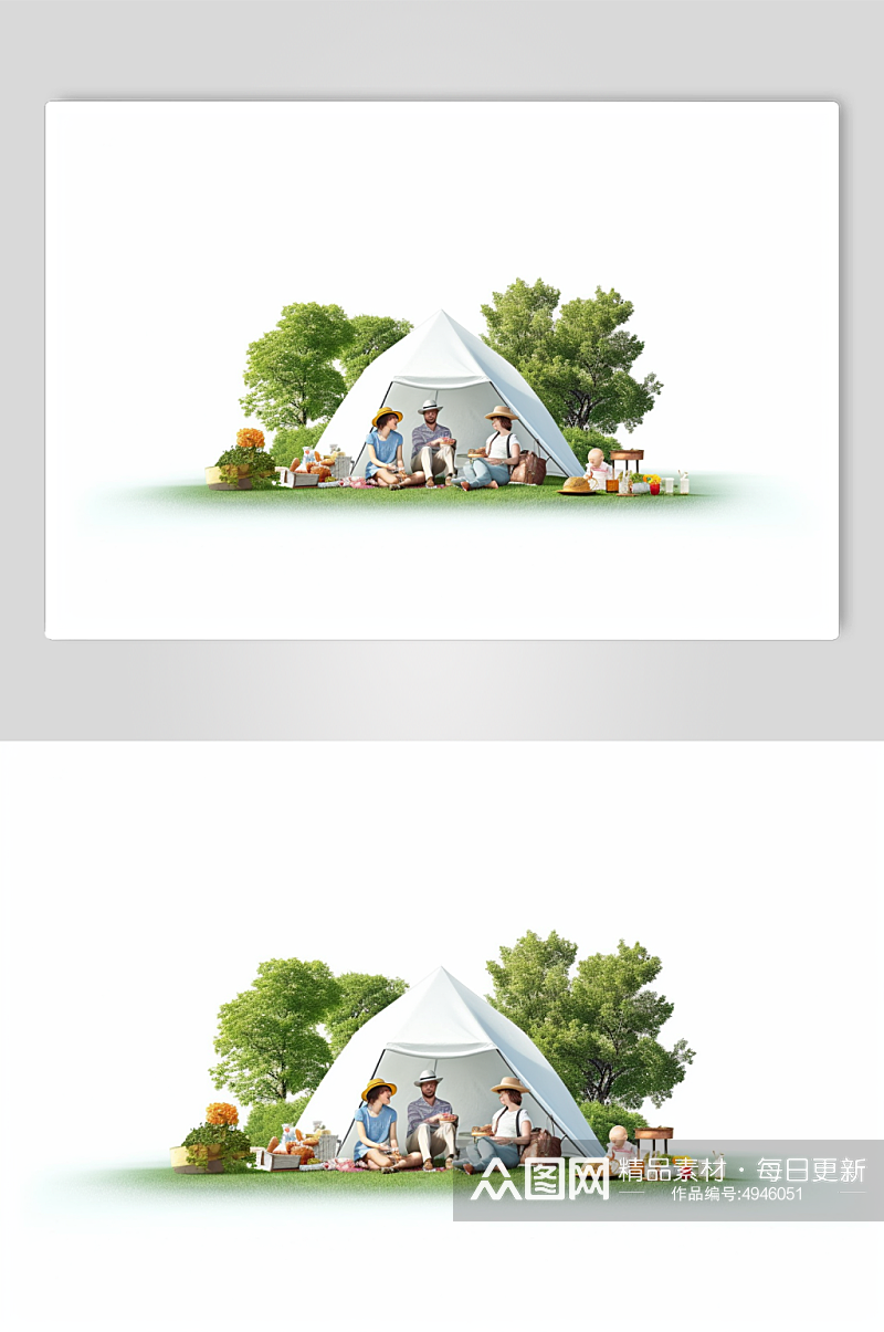 AI数字艺术手绘家庭亲子一家人郊游露营模型素材