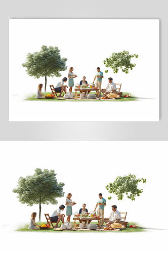 AI数字艺术卡通家庭亲子一家人郊游露营模型