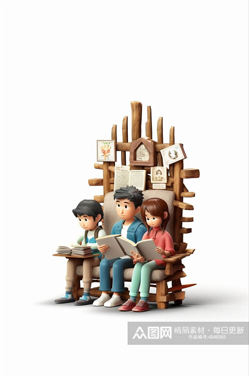 AI数字艺术卡通家庭亲子一家人看书阅读模型素材