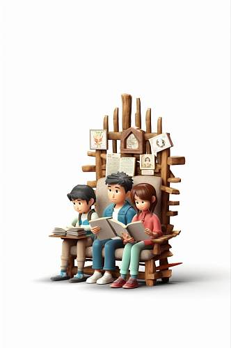 AI数字艺术卡通家庭亲子一家人看书阅读模型