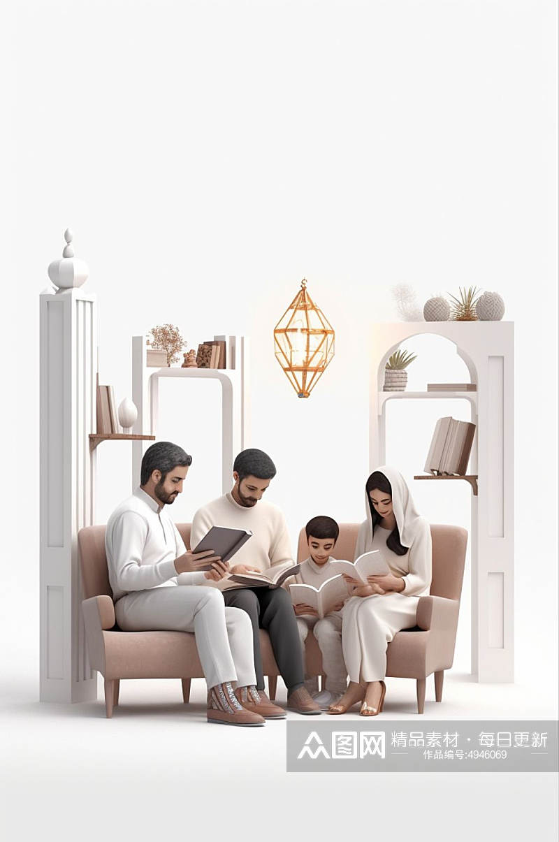 AI数字艺术创意家庭亲子一家人看书阅读模型素材