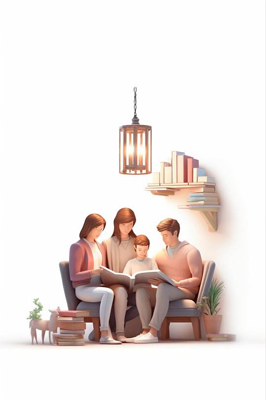AI数字艺术创意家庭亲子一家人看书阅读模型