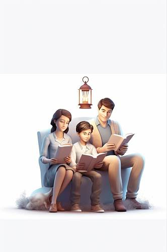 AI数字艺术创意家庭亲子一家人看书阅读模型