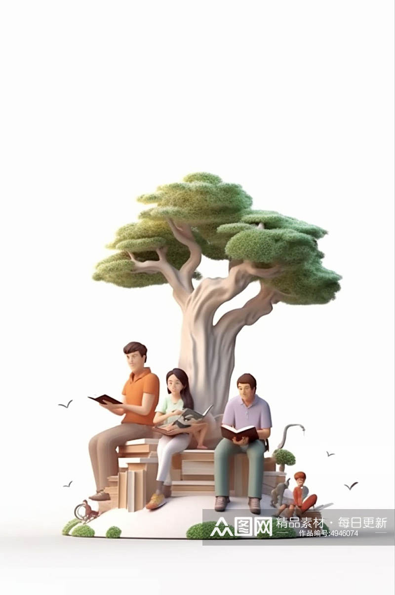AI数字艺术创意家庭亲子一家人看书阅读模型素材