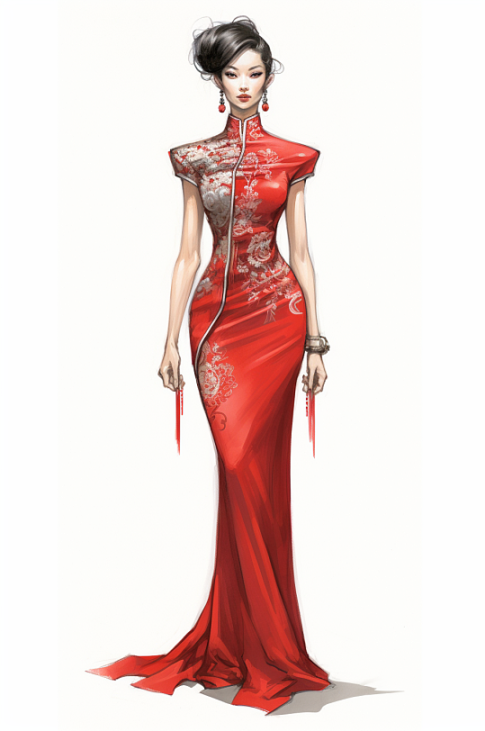 AI数字艺术国潮旗袍人物插画-众图网