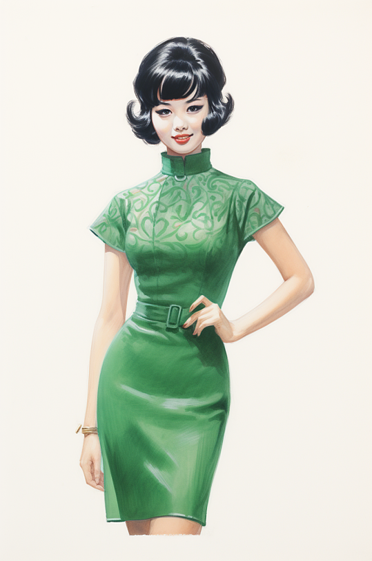 AI数字艺术国潮旗袍复古人物插画-众图网