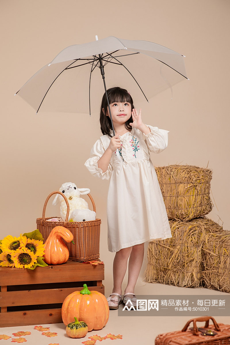 秋季白色碎花连衣裙儿童人物摄影图片素材