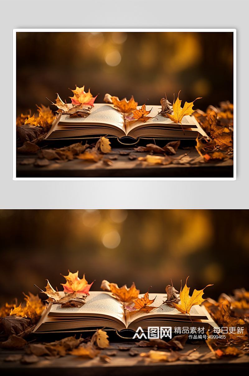 AI数字艺术清新立秋风景秋季落叶在书籍上摄影图片素材