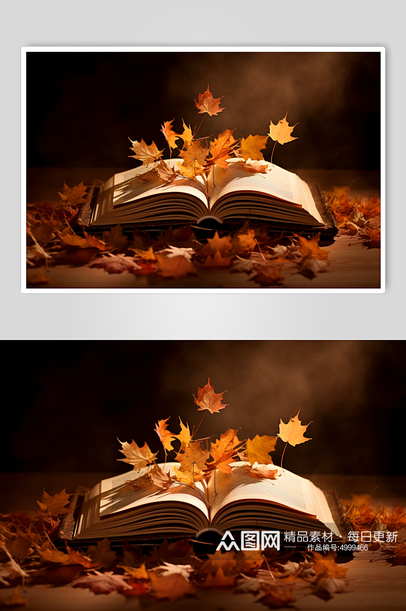 AI数字艺术清新秋季落叶在书籍上摄影图片素材