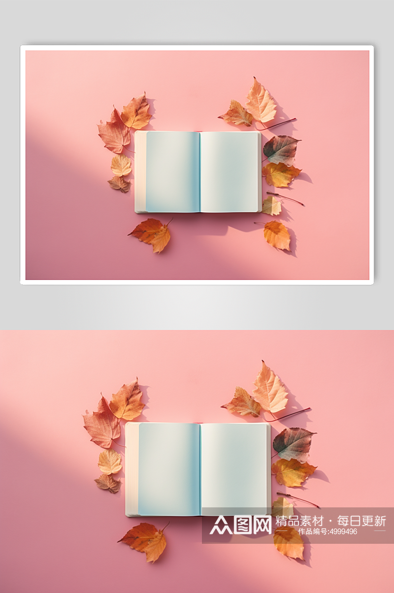 AI数字艺术高清秋季落叶在书籍上摄影图片素材