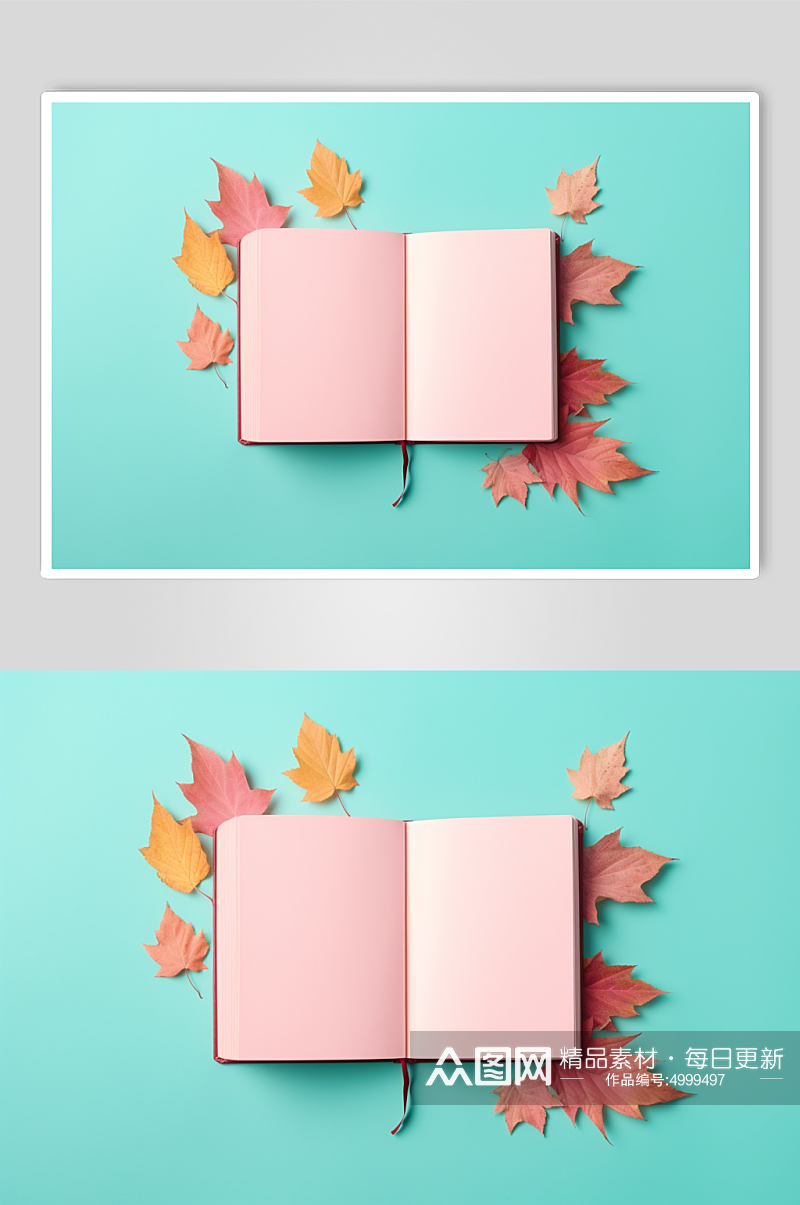 AI数字艺术高清秋季落叶在书籍上摄影图片素材
