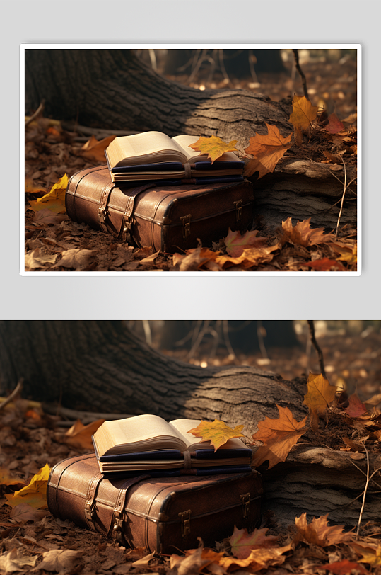 AI数字艺术唯美立秋风景秋季落叶在书籍上摄影图片
